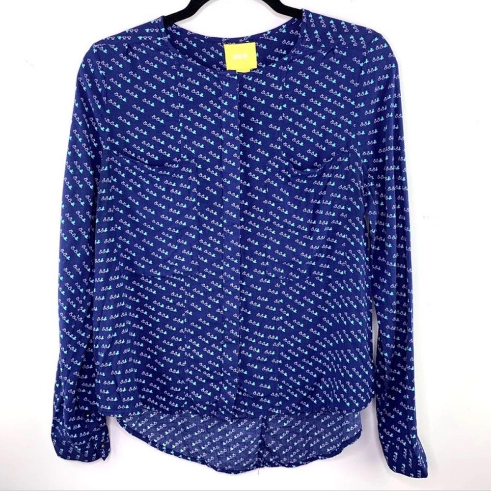 Anthropologie Maeve Bird Button Down Top Front Pocket Long Sleeve Blue Size 4